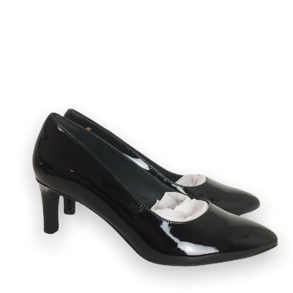 NEW Clarks Women Size 8 Calla Rose Black Patent Leather Heels Pumps Shoes - Picture 2 of 16